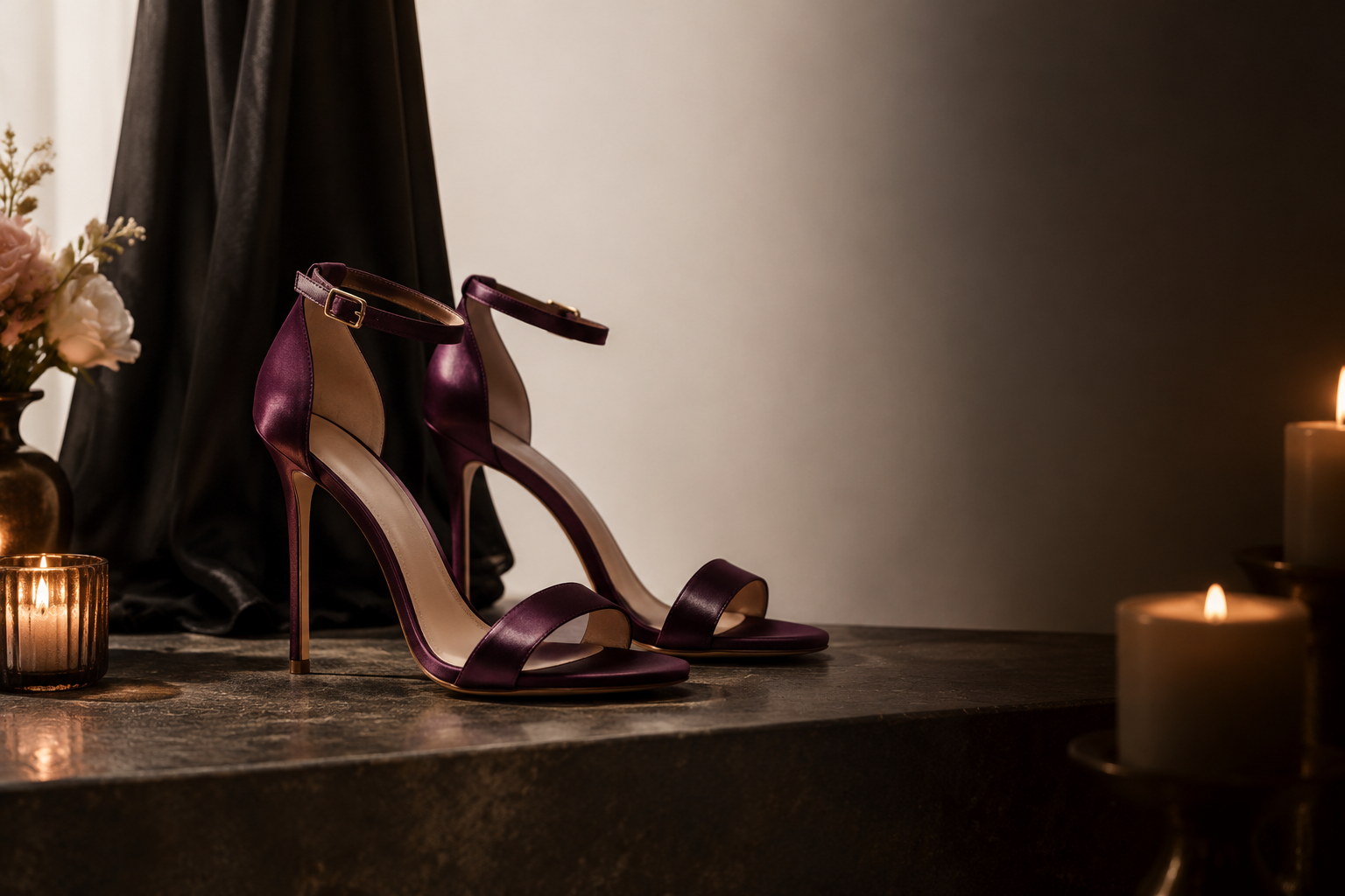 Deep plum satin sandals on a dark stone ledge in candlelight