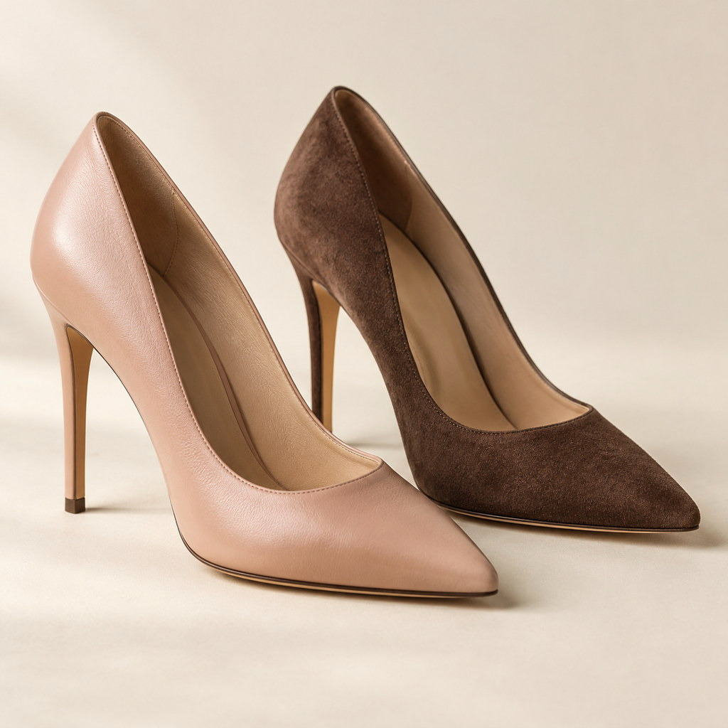 Blush calf-leather and cocoa suede heels side by side