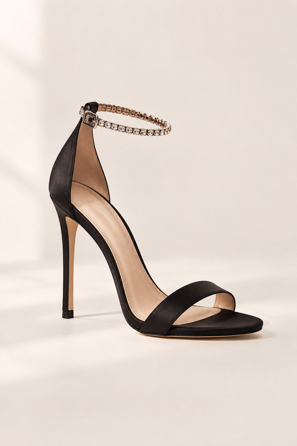 Vera 90 — black satin sandal with a crystal ankle strap and 90mm heel