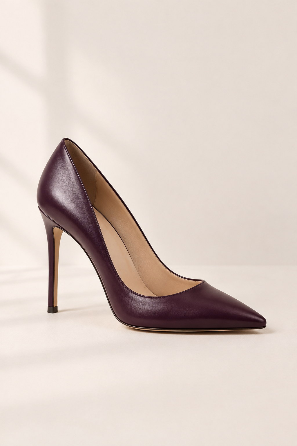 Odette 90 — deep plum leather pointed décolleté with a 90mm heel